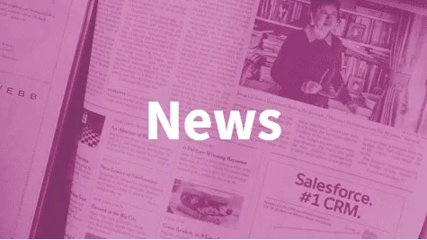 Close-up of a purple newspaper page featuring articles, a photo of a person in a library, and a Salesforce advertisement.