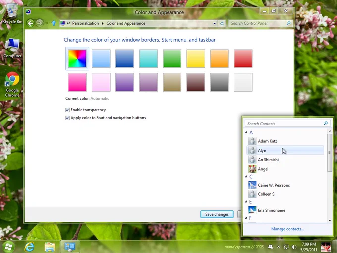 Personalized desktop, with the control panel and the contacts bar shown.