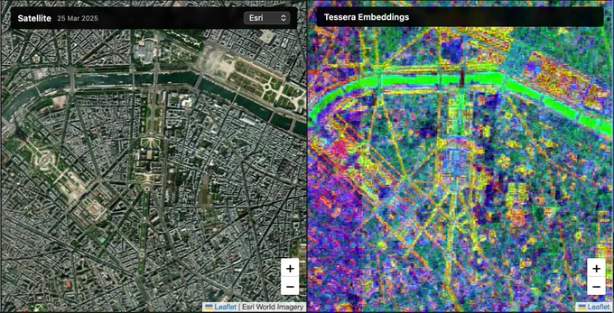 Dieses Bild zeigt eine Satellitenaufnahme von Paris, Frankreich, im Vergleich zu einer von Tesseras Einbettungen