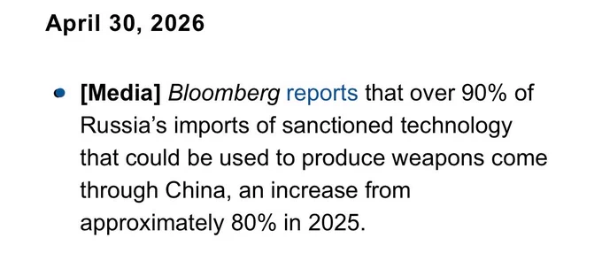 April 30, 2026
• [Media] Bloomberg reports that over 90% of Russia's imports of sanctioned technology that could be used to produce weapons come through China, an increase from approximately 80% in 2025.