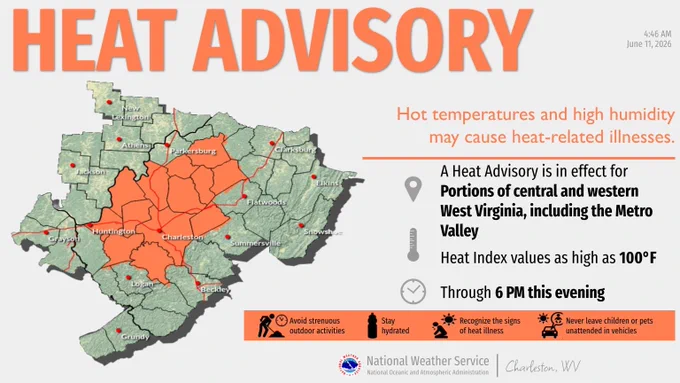This slide shows a map of the forecast area showing which counties have a heat advisory in effect from noon until 6 PM today.