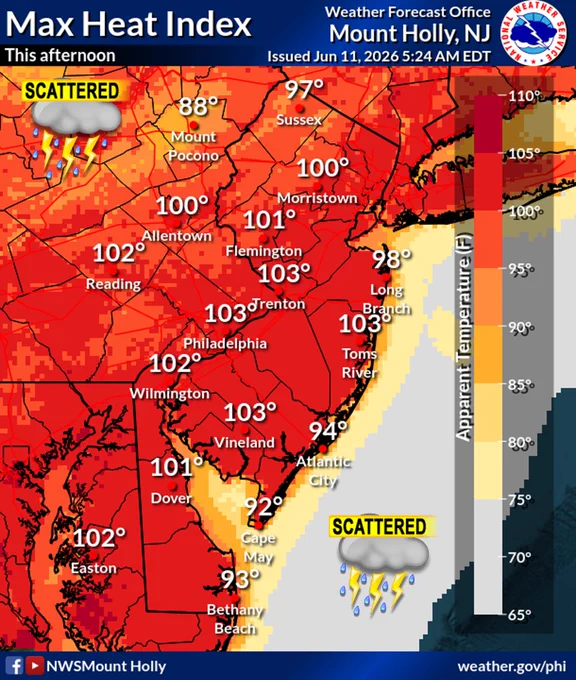 Forecast maximum heat indices for this afternoon.