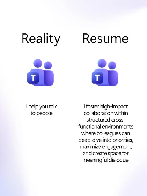 Left side has 'Reality' with text: 'I help you talk to people' and a communication icon. Right side has 'Resume' with text: 'I foster high-impact collaboration within structured cross-functional environments where colleagues can deep-dive into priorities, maximize engagement, and create space for meaningful dialogue.'