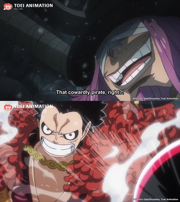 Two images from ONE PIECE. The top image features a close-up of Loki smiling with text underneath that reads, \"That cowardly pirate, right?!\" The bottom image features Luffy utilizing Gear 4 and cocking his arm back for a punch.