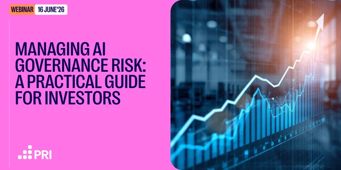 A social tile by Principles for Responsible Investment to promote their upcoming webinar titled 'Managing AI Governance Risk: A Practical Guide for Investors.' The tile shows text on the left with a graphic on the right illustrating technology.
