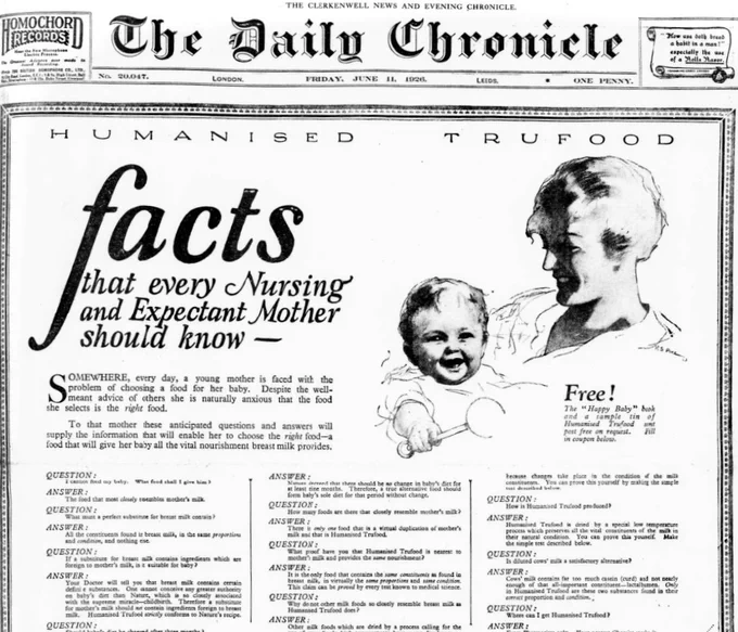 Black and white front page of the London Daily Chronicle with an advert for 'Humanised Trufood.' The ad includes an illustration of a mother with her baby, as well as listing out the facts, in a Q&A format, that every nursing and expectant mother should know.
