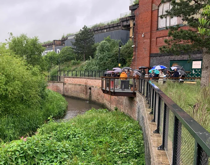 A rainy breakfast Health & Nature walk at NHSConfedExpo.             Lead facilitators: 
Claire Igoe, Associate Director of Sustainability and Estates, NHS Greater Manchester
Steve Connor, Programme Director, CyanLines
Dave Bell, Health & Environment Principal Officer, Natural England
Jessica Thompson, CEO, City of Trees