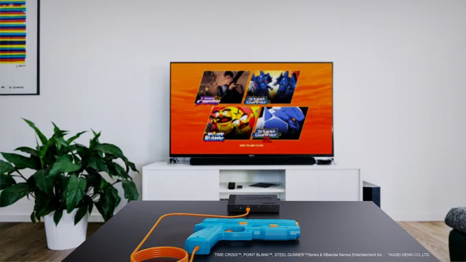 A modern room with a TV displaying retro arcade games and a light gun on the table. The scene exudes a nostalgic and cozy atmosphere.