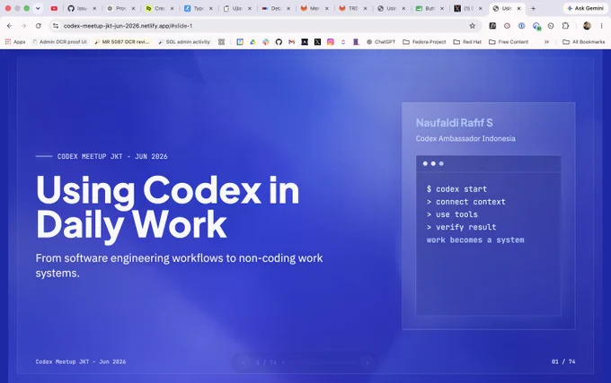 Slide for Codex Meetup JKT June 2026 discussing the use of Codex in daily work, highlighting workflows and system integration.