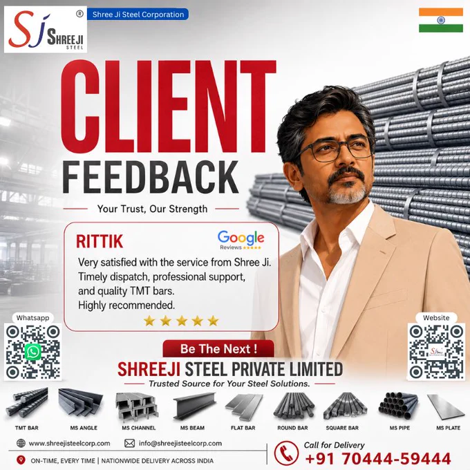 Shree Ji Steel client feedback post featuring a 5-star Google review commending timely service, quality TMT bars, and professional support.