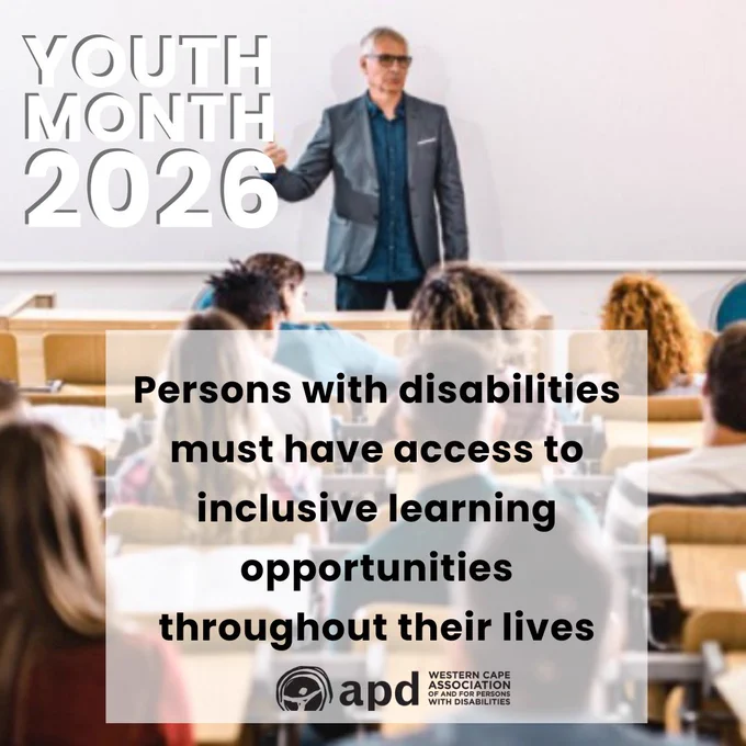 ID: An image showing a male lecturer in a dark suit in front of a room of students.  In the top left corner is white text YOUTH MONTH 2026, and in a shaded area in the middle bottom is black text "Persons with disabilities must have access to inclusive learning opportunities throughout their lives" and WCAPD's logo below.


#YouthMonth #YouthWithDisabilities #InclusiveEducation #YouthEmpowermen