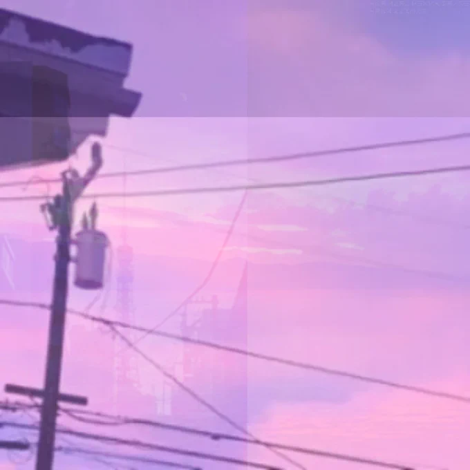 four images in a purple hue overlain with each other: (1) in the background, a body of water with some hills in the distance and rolling clouds as the sun sets; (2) across the whole canvas, a wooden utility pole with several power lines across a morning sky; (3) to the left, a radio tower in the center of a street with some buildings on either side and more powerlines; and (4) a couple painted rays of light (taken from the celeste graphics dump, background 00 of the summit end screen). a faint engraving in madeon/the architects' imperial alphabet at the top left of the image reads: "for mara venus price. from zaphie. 6 11 26"