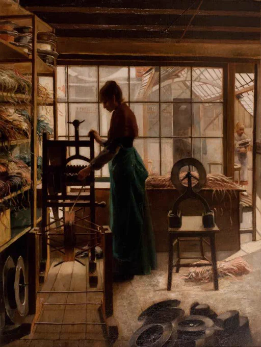 A portrait by the artist Karl Meunier which shows a passementerie workshop with the worker silhouetted against the window