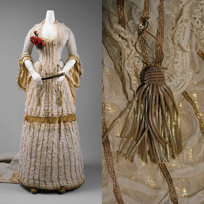 A picture of a c1880 evening dress in pale tulle and silk alongside a close up of some of the gold coloured trimmings used to decorate the dress, a gold work tassel and limes of gold braid