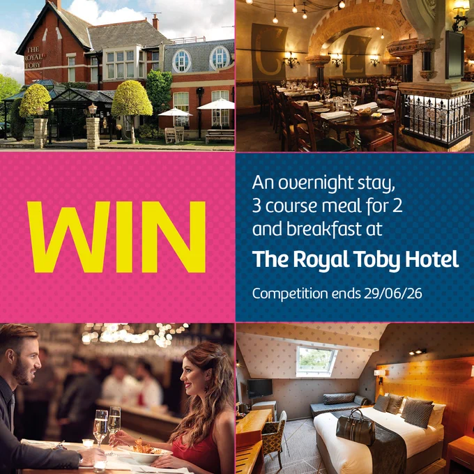 WIN. An overnight stay, 3 course meal for 2 and breakfast at The Royal Toby Hotel. Hotel exterior, restaurant, a man and woman eating at a table, and a loft bedroom. 