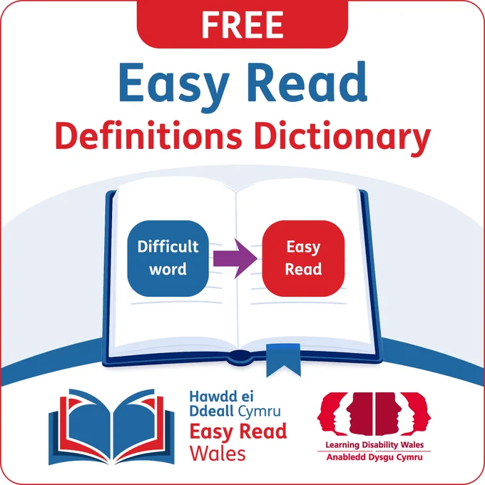 Infographic with the words "Free. Easy Read. Definitions Dictionary". An open book shows the words "Difficult word" on the left page and "Easy Read" on the right page.