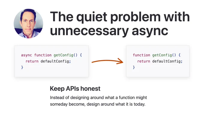 “The quiet problem with unnecessary async”. Code: async getConfig, then without. “Keep APIs honest. Instead of designing around what a function might someday become, design around what it is today”.