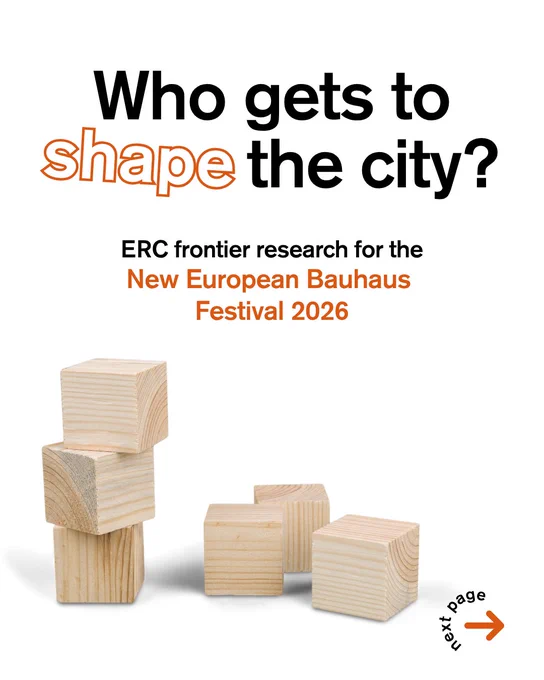 Carousel cover slide with the question "Who gets to shape the city?" in large black text and the word "shape" in orange outline font. Below, the subtitle reads "ERC frontier research for the New European Bauhaus Festival 2026". Wooden building blocks of varying heights are arranged against a white background, suggesting a city skyline.