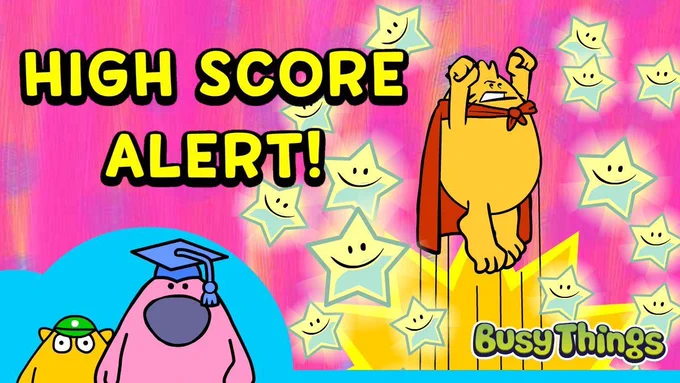 Busy Things' characters celebrating a great top score on Busy Box