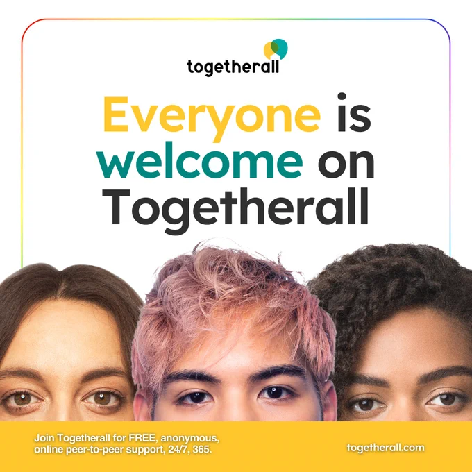Everyone is welcome at Togetherall. Three young people looking ahead.