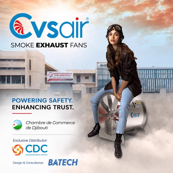🇩🇯 Project Spotlight | Djibouti

We are proud to contribute to another landmark project in East Africa.

🏢 Chambre de Commerce de Djibouti

Cvsair Smoke Exhaust Fans have been selected to support the fire safety and smoke management requirements of this prestigious facility, helping ensure reliable performance when it matters most.

Engineered for demanding applications, our smoke exhaust solutions combine safety, durability, and energy-efficient operation, supporting modern building standards and long-term reliability.

At Cvsair, we continue to deliver advanced ventilation technologies for commercial, industrial, and infrastructure projects across global markets.

🤝 Exclusive Distributor: CDC Engineering & Supply

📐 Design & Consultancy: BATECH

🌐 Web: https://cvsair.com.tr/


#HVAC #HVACR #FireSafety #SmokeControl 
