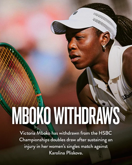 Graphic of Victoria Mboko: Victoria Mboko has withdrawn from the HSBC Championships doubles draw after sustaining an injury in her women's singles match against Karolina Pliskova