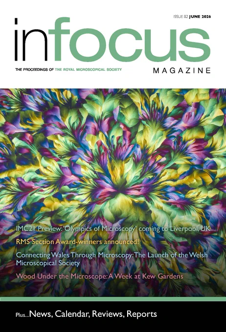 Cover of In Focus Magazine June 2026 featuring a vibrant, multicolored microscopic image resembling abstract floral patterns.