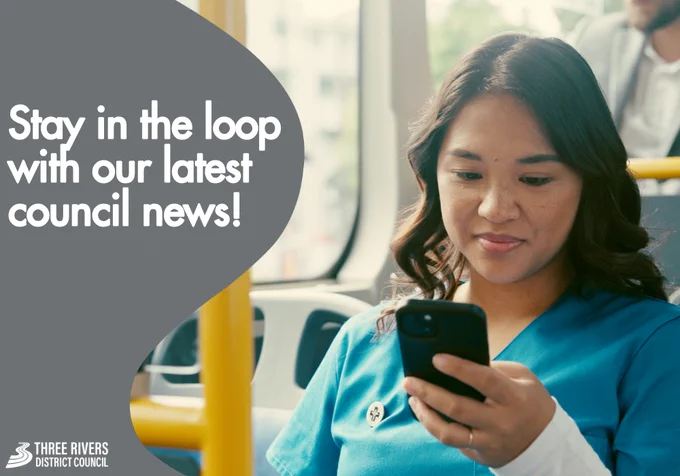 Image of a woman on a bus looking at her phone. Text reads, Stay in the loop with our latest council news!