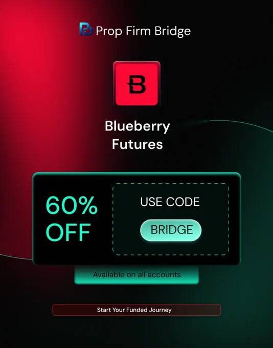 Banner Showing: Blueberry Futures coupon code BRIDGE for 60% off futures prop firm accounts. Enter BRIDGE at checkout for instant discount futures. Best Blueberry Futures discount code verified 2026 via Prop Firm Bridge. 90% profit split from day one. Start your funded journey with exclusive savings. Limited time offer.