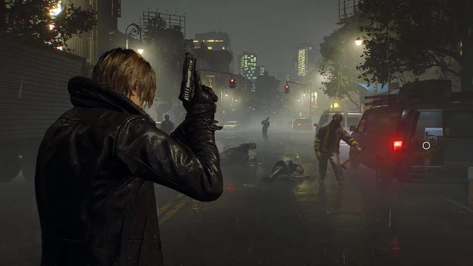 Resident Evil's Leon Kennedy in a dark leather jacket holding a handgun in a rainy, dimly lit city street filled with debris and scattered bodies.