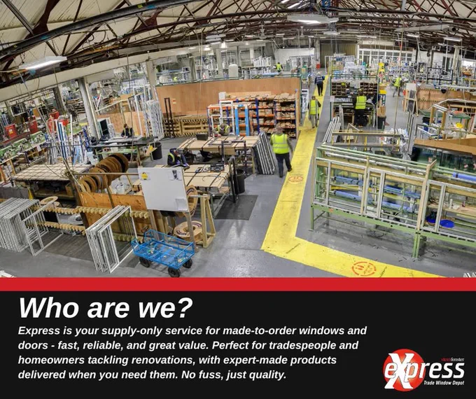 Overhead view of a bustling factory specializing in made-to-order windows and doors. The space is organized with workers in high-visibility vests.
