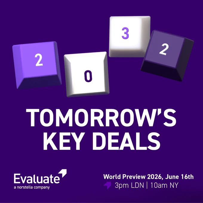 Promotional image for Evaluate's World Preview 2026 event highlighting key deals in the pharmaceutical industry, featuring numeric keys and event details.