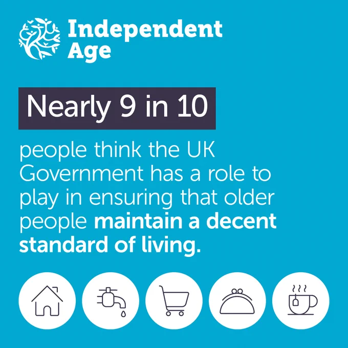 Text reads: Nearly 9 in 10 people think the UK Government has a role to play in ensuring that older people maintain a decent standard of living. Icons represent this with images of a house, a tap, a shopping trolley, purse and cup of tea.