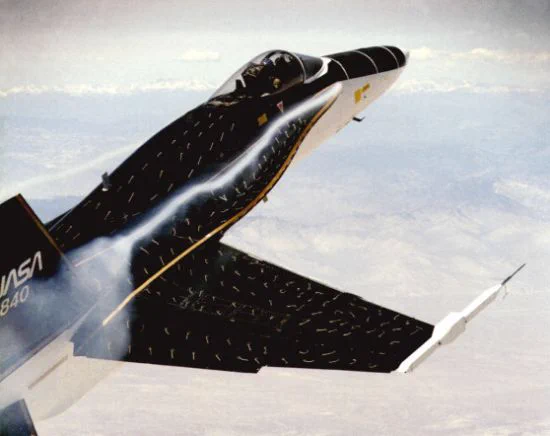 Visualization of vortex generated by LEX. Notice the absence of fences on this NASA test vehicle and how the vortex hits vertical stabilizer.