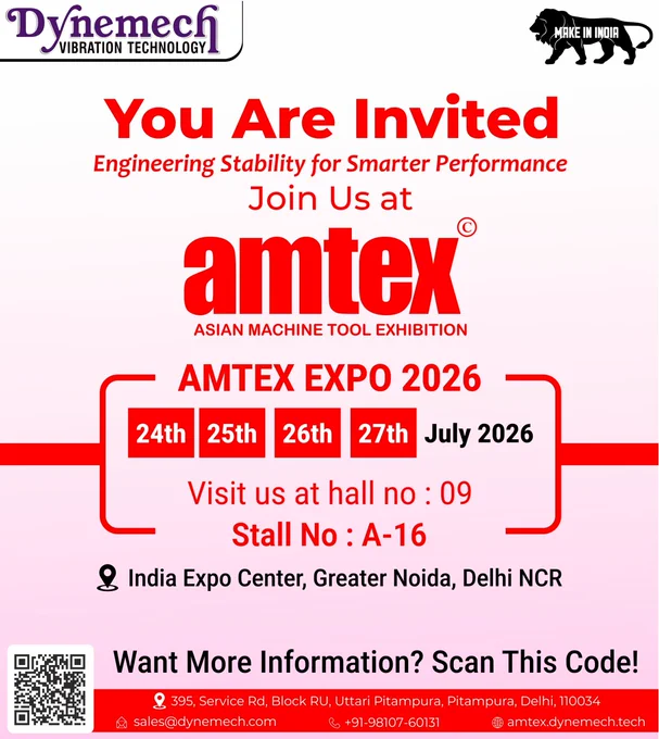 Dynemech AMTEX Expo 2026 invitation banner displaying exhibition dates (24–27 July 2026), Hall 09, Stall A-16, India Expo Center Greater Noida, with vibration isolation products and company details.