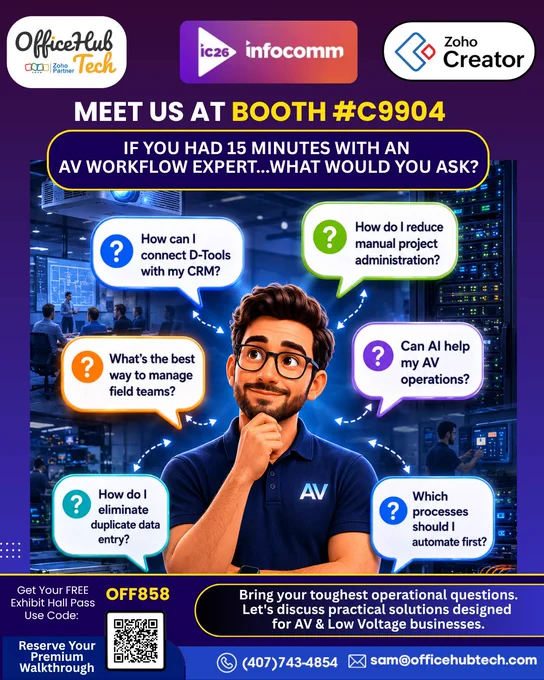 Every AV business has operational challenges.

Some are trying to connect D-Tools with CRM platforms.

Others want better project visibility, improved field service management, or a way to eliminate manual processes.

And increasingly, many businesses are asking:
"How can AI help improve our day-to-day operations?"

At InfoComm 2026, our team will be available to discuss the real-world challenges AV & Low Voltage System Integrators face every day.
Whether you're exploring workflow automation, software integrations, field operations, reporting, project management, or Agentic AI, we'd love to hear what's on your mind.

Some common questions we hear:
✔ How do I connect multiple business systems?
✔ How do I reduce administrative overhead?
✔ How can I improve project visibility?
✔ Which workflows should I automate first?
✔ Can AI work with my existing software stack?

Now we'd like to hear from you.

If you had 15 minutes with our team, what would you ask?
