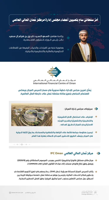 يتناول الانفوجرافيك المرفق تفاصيل الأمر السلطاني بتعيين مجلس إدارة مركز عُمان المالي الدولي

بمجلس إدارة برئاسة صاحب السمو السيد ذي يزن بن هيثم آل سعيد، نائب رئيس الوزراء للشؤون الاقتصادية.

ويضم مجلس الإدارة نخبة متميزة من كبار القيادات والخبراء من القطاعات الحكومية والمالية والتنظيمية والدولية.

ويمثل هذا التعيين خطوة محورية في تأسيس المركز، ويعكس الحرص السامي بتعزيز مكانة سلطنة عُمان على الخريطة المالية العالمية.

وسيتولى مجلس الإدارة:

* الإشراف على استكمال الأطر التشريعية والتنظيمية والتشغيلية، وتوفير التوجيه الاستراتيجي اللازم لتحقيق أهداف المركز.

* إرساء إطار حوكمة قائم على النزاهة والشفافية والمساءلة، بما يعزز الثقة الدولية بالمركز ويمهد لإطلاق عملياته الأولية بنهاية العام الجاري.

1. مركز عُمان المالي الدولي هو مركز مالي مستقل قانونيًا وتشريعيًا، أُنشئ بموجب المرسوم السلطاني رقم 8/2026، ويعمل وفق إطار قانوني يستند إلى مبادئ القانون العام (Common Law).

2. يتماشى إنشاء المركز مع مستهدفات رؤية عُمان 2040، من خلال الإسهام في تنويع الاقتصاد، وتطوير قطاع الخدمات المالية.