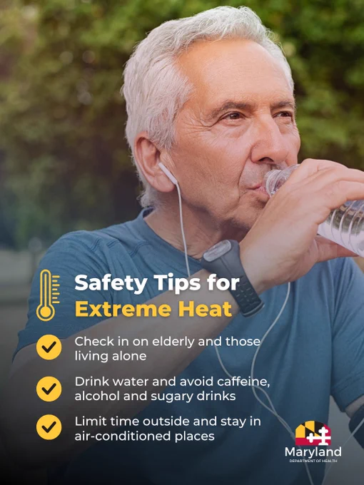 Dangerous heat and humidity is expected today and tomorrow for much of Maryland with heat indexes near 100°. Check on older relatives and neighbors to ensure they have working AC. If not, help them get to a local cooling center. Access cooling centers: bit.ly/MarylandCoolingCenters. 