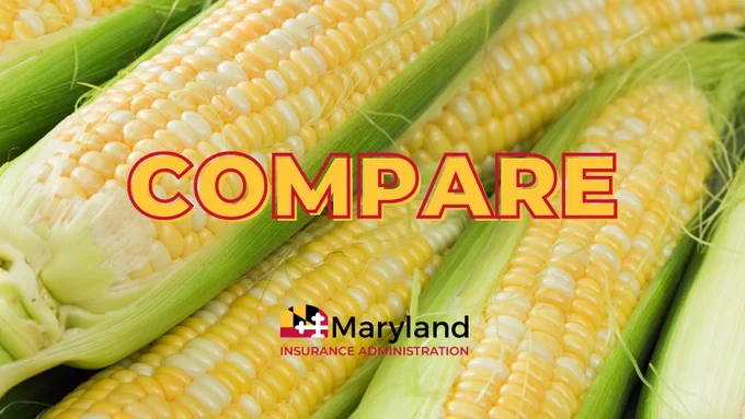 Close-up of corn cobs with green husks, overlaid with the word "COMPARE".