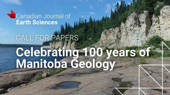 Rocky shoreline with layered cliffs and pine trees under a blue sky, promoting 100 years of Manitoba Geology research.