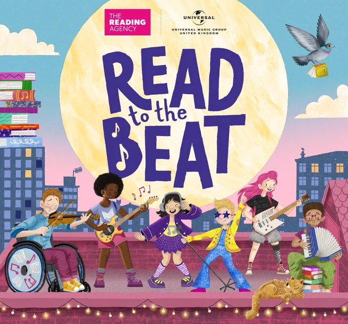 Diverse group of children playing instruments and dancing on a rooftop under a large moon with 'Read to the Beat' text.