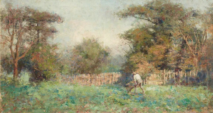 A very indistinct impressionist painting of a large green garden surrounded by a wooden fence with large trees around it. A figure in greyish trousers and a white shirt and felt hat is pushing a wheelbarrow in the middle of the painting. The artist's signature in the bottom right-hand corner almost fades into the background. Image by Frederick McCubbin (1855-1917) from Art Gallery NSW.