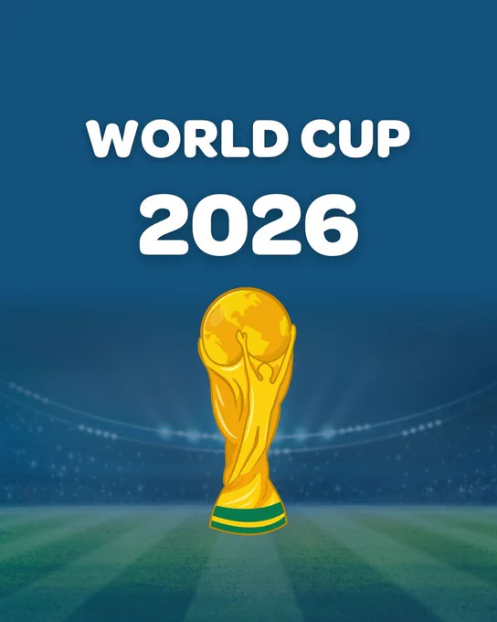 Promotional graphic for the FIFA World Cup 2026 featuring large white text reading 'WORLD CUP 2026' above a gold World Cup trophy on a football stadium field with bright stadium lights in the background.