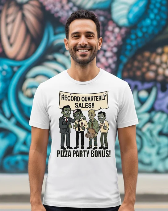 A dark comedy vector illustration of a happy corporate zombie boss celebrating record sales with three deeply depressed, decaying zombie employees who are holding sad slices of pizza under a banner, with the text "PIZZA PARTY BONUS!" at the bottom.