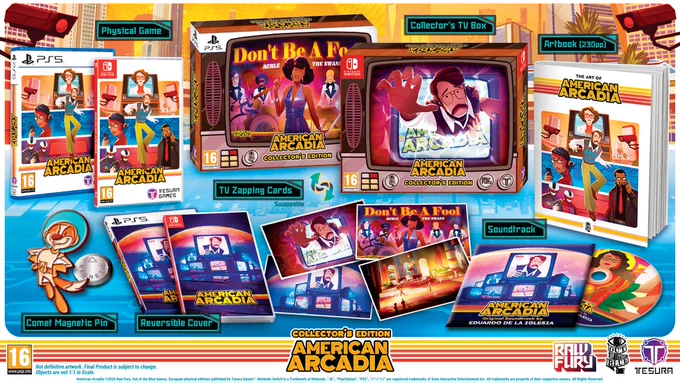 Physical Collector's Edition of American Arcadia with: Collector’s TV Box, Reversible Cover, TV Zapping Cards (Swappable), Artbook and OST CD, Comet Magnetic Pin
