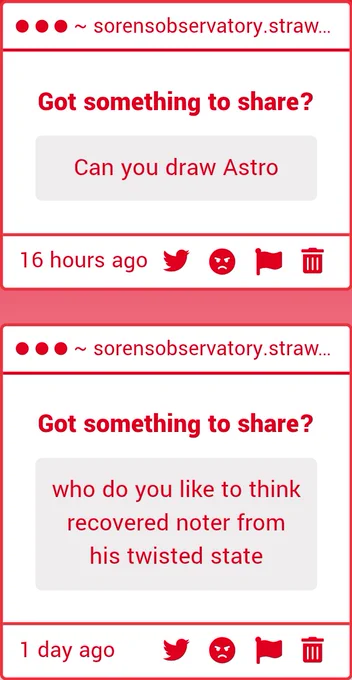 First anon asks “ Who do you like to think recovered Noter from his twisted state ”

Second anon asks “ Can you draw Astro ”