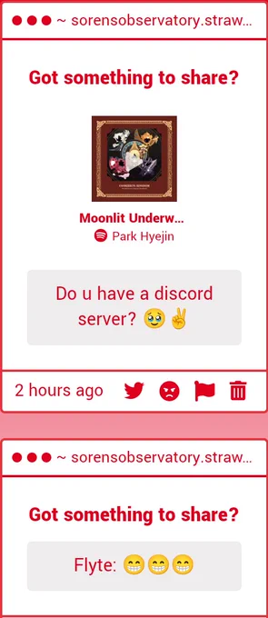 Flyte says “ 😁😁😁 ”

Fourth anon asks “ Do you have a Discord server? ”