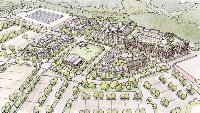 Illustration of an aerial view of a planned development, featuring buildings, roads, and green spaces. Includes an open rectangular field, multiple tree-lined streets, clustered residential and commercial areas, and larger complexes including a sizable building resembling a warehouse at the edge.