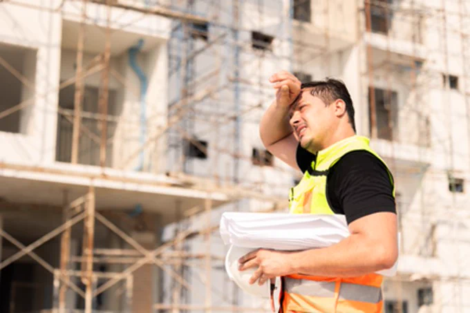 A construction worker working outside on a hot day.