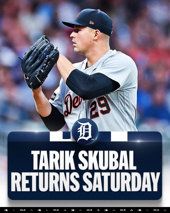 Tarik Skubal Returns Saturday
Pictured: Tarik Skubal holds his glove in front of his face. He wears a gray Tigers uniform and a blue cap.